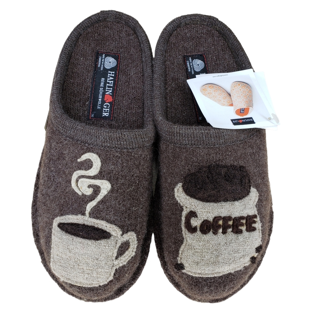 Haflinger Coffee Slippers Size 36 Brown Wool Scuff Novelty US 5-5.5 NEW